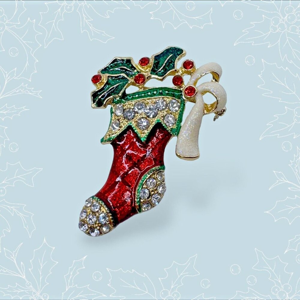 Tanya Creations Christmas Brooch Pin Stocking Holly Enamel Rhinestones 2.25 in - Picture 4 of 6